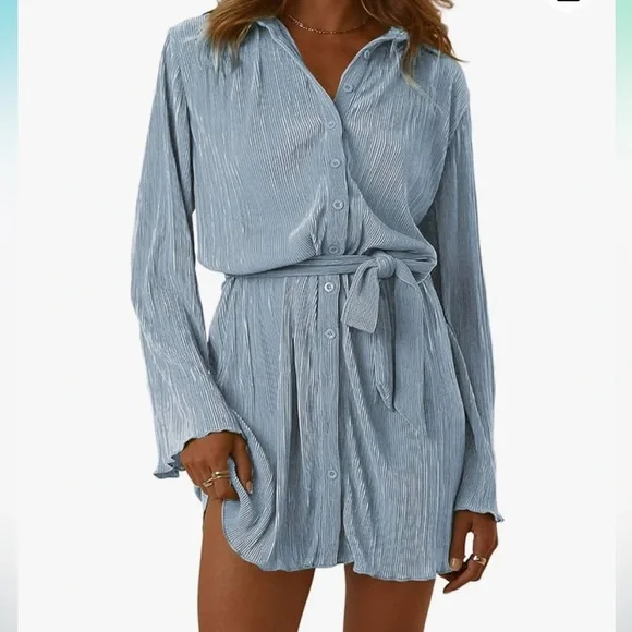 chinese dress ladies Pleated Long Sleeve Button Up Collar Mini Dress - White